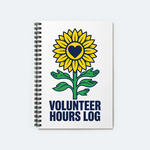 A sunflower with open-hand leaves, VOLUNTEER HOURS LOG, on a white spiral notebook