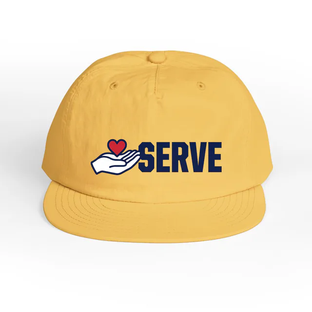 A heart in an open hand beside SERVE, on a sunset surf cap