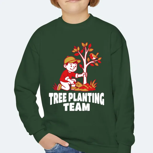 A kid planting a young tree, TREE PLANTING TEAM, on a forest green youth crewneck