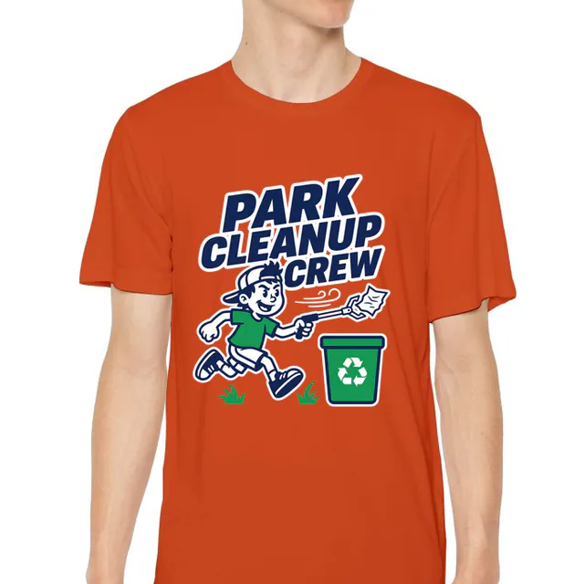 A kid with a litter grabber, PARK CLEANUP CREW, on an orange youth performance tee