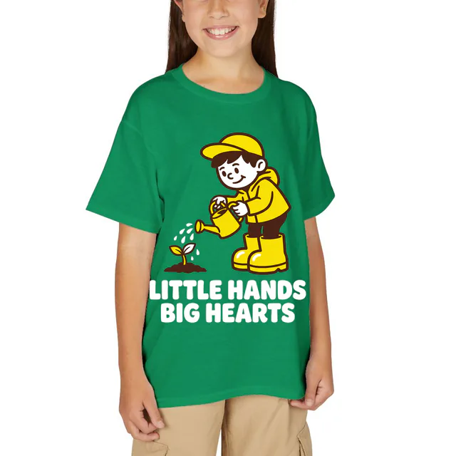 A kid watering a seedling, LITTLE HANDS BIG HEARTS, on a kelly green youth t-shirt