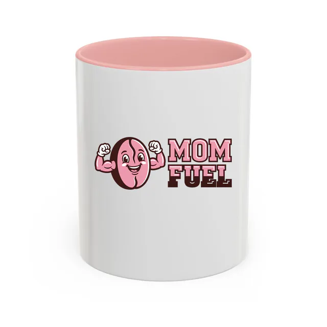 A flexing coffee bean, MOM FUEL, on a pink accent mug