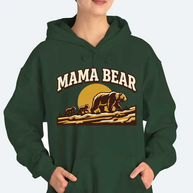 A mother bear and two cubs along a ridge, MAMA BEAR, on a forest green adult hoodie