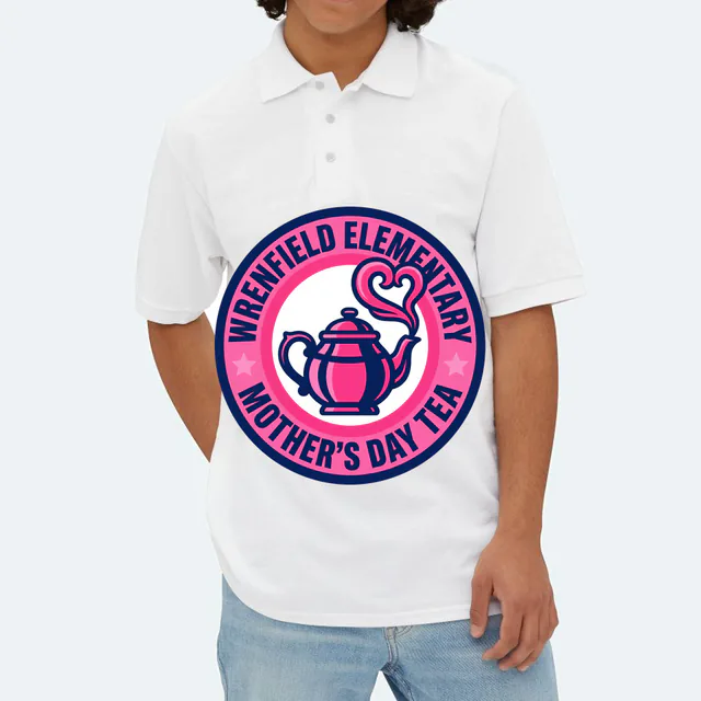 A teapot emblem for the Wrenfield Elementary Mother's Day tea, on a white adult polo