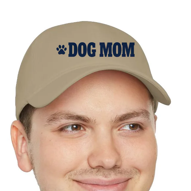 A paw print beside DOG MOM, on a khaki dad hat