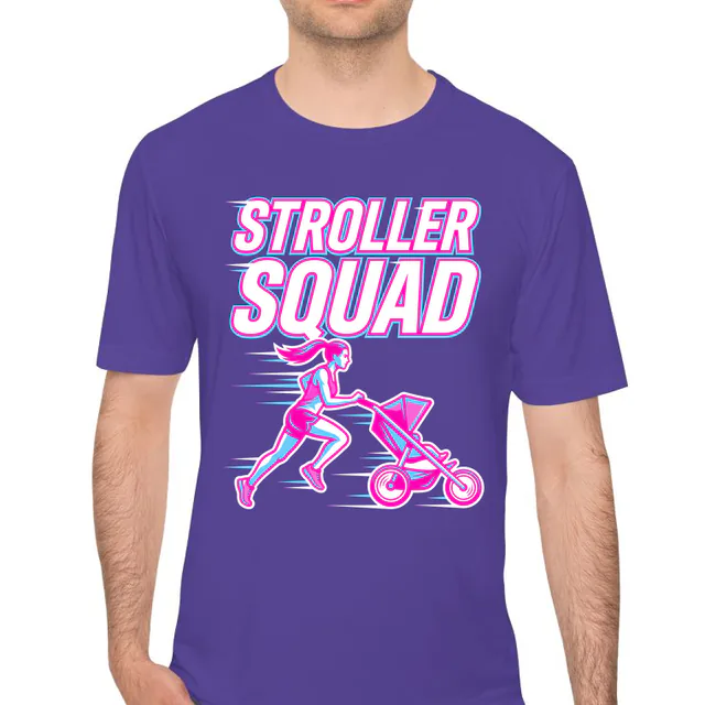 A mom running with a jogging stroller, STROLLER SQUAD, on a purple performance tee