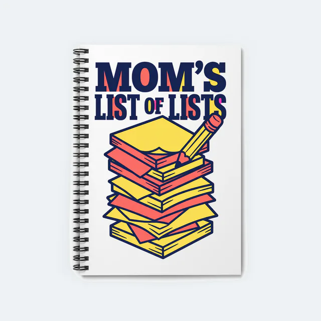 A tower of sticky notes for MOM'S LIST OF LISTS, on a white spiral notebook