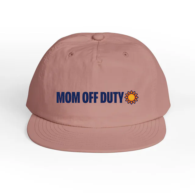 A little sun beside MOM OFF DUTY, on a hazy pink surf cap