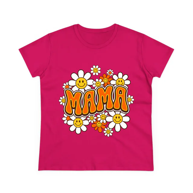 MAMA in wavy seventies letters among smiling daisies, on a heliconia women's t-shirt