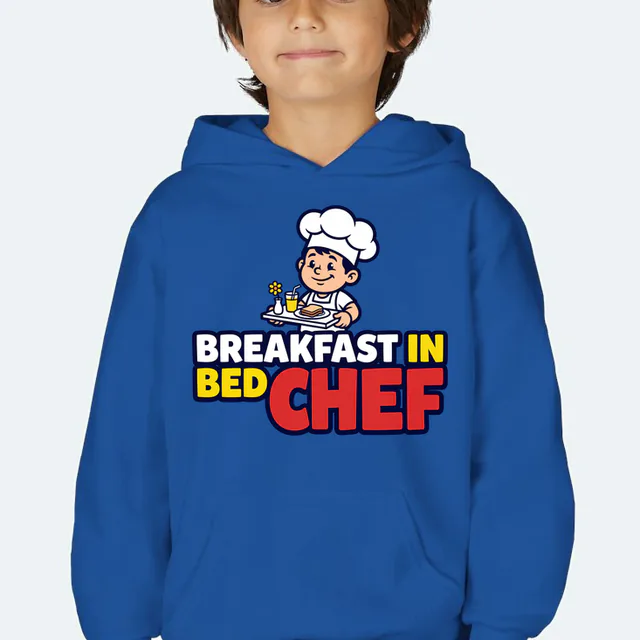 A kid carrying a breakfast tray, BREAKFAST IN BED CHEF, on a royal youth hoodie