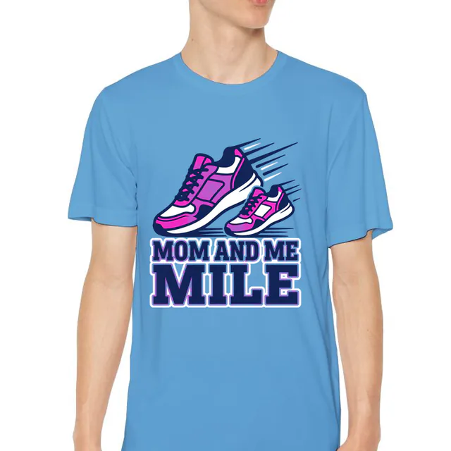 A big and a little sneaker side by side, MOM AND ME MILE, on a carolina blue youth performance tee