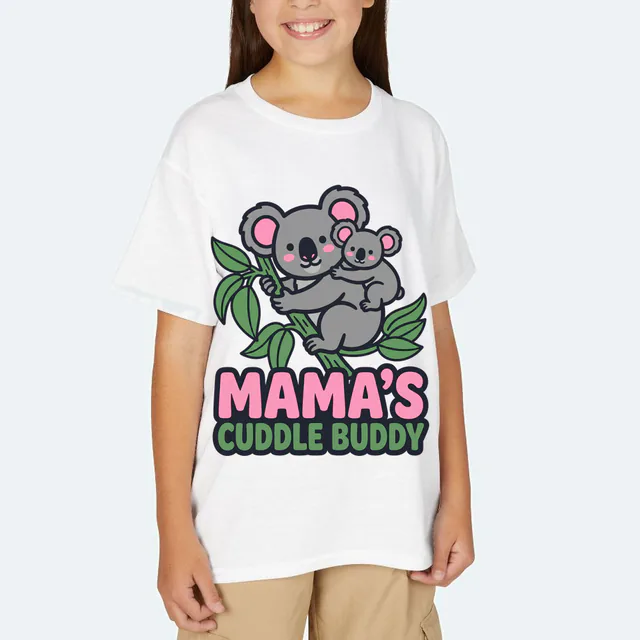 A baby koala hugging its mother, MAMA'S CUDDLE BUDDY, on a white youth t-shirt