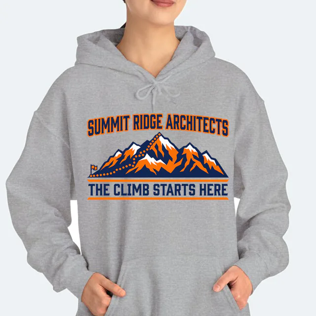 A trail climbing a mountain range, THE CLIMB STARTS HERE, on a sport gray adult hoodie