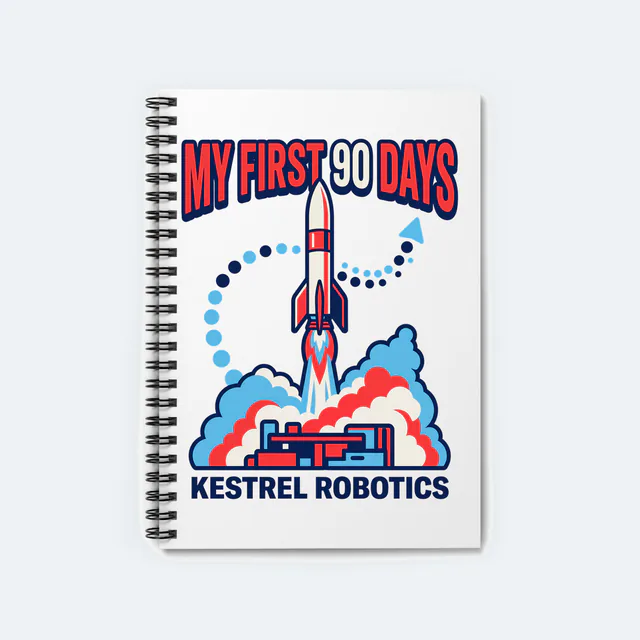 A rocket lifting off, MY FIRST 90 DAYS, on a white spiral notebook