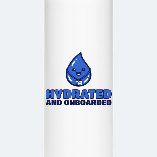 A water droplet with a lanyard, HYDRATED AND ONBOARDED, on a white steel tumbler