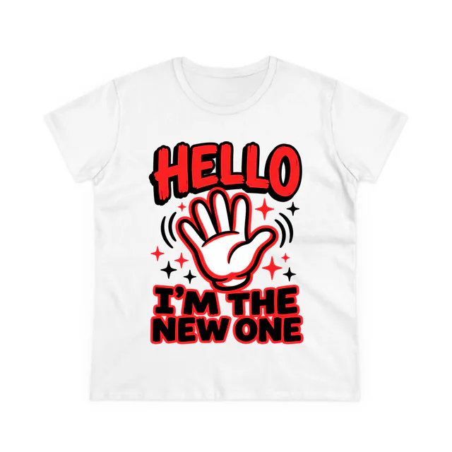 A waving hand with sparkles, HELLO, I'M THE NEW ONE, on a white women's t-shirt