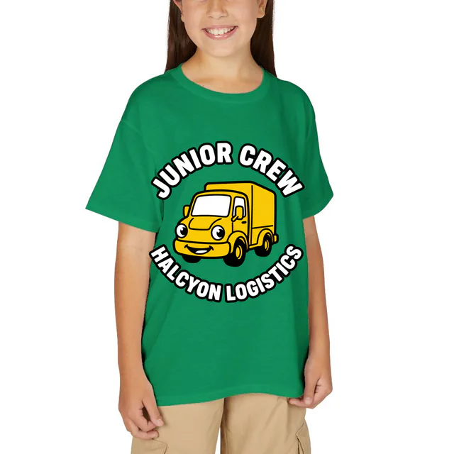 A smiling delivery truck for the Halcyon Logistics junior crew, on a kelly green youth t-shirt