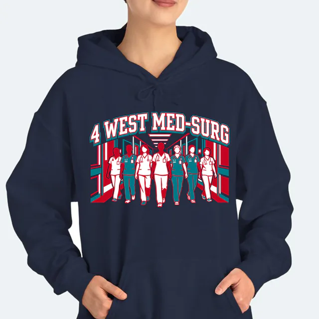 4 WEST MED-SURG nurses walking side by side, on a navy adult hoodie