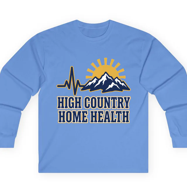 A heartbeat line rising into mountain peaks for home health, on a carolina blue adult long sleeve