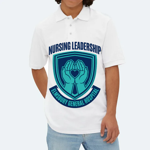 Hands cradling a heart for Elmsbury General nursing leadership, on a white adult polo