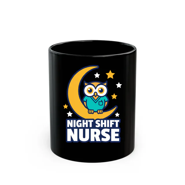 A wide-awake owl in scrubs on the moon, NIGHT SHIFT NURSE, on a black mug