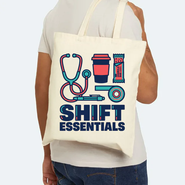 A flat-lay of a nurse shift kit, SHIFT ESSENTIALS, on a natural canvas tote