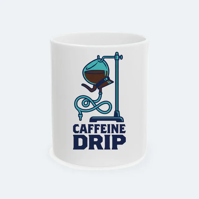 A coffee pot on a drip stand, CAFFEINE DRIP, on a white ceramic mug