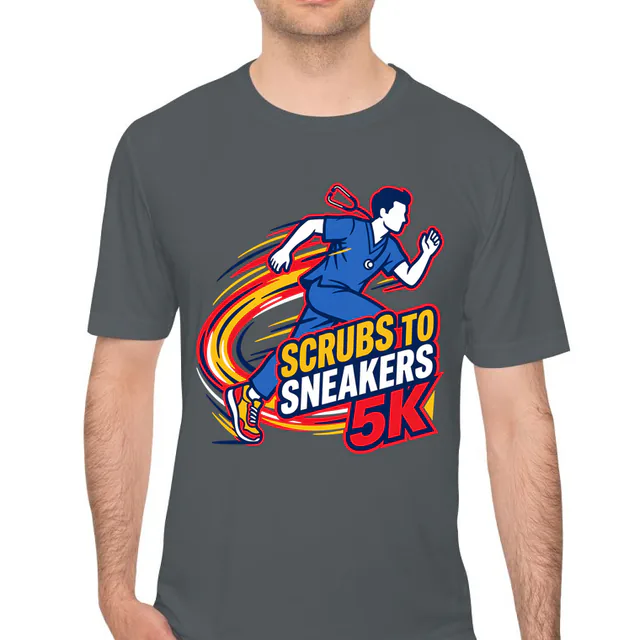 A runner in scrubs racing ahead, SCRUBS TO SNEAKERS 5K, on an iron gray performance tee