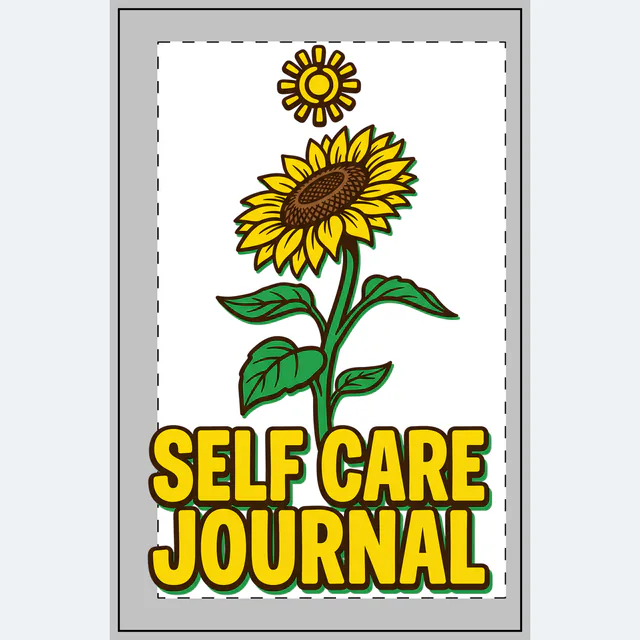 A tall sunflower reaching for the sun, SELF CARE JOURNAL, on a white dotted notebook