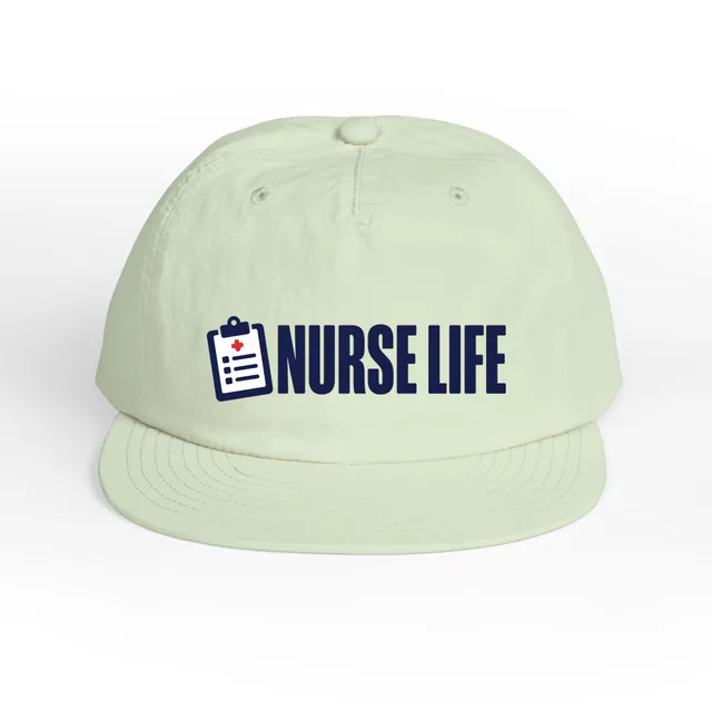 A small clipboard beside NURSE LIFE, on a mint surf cap