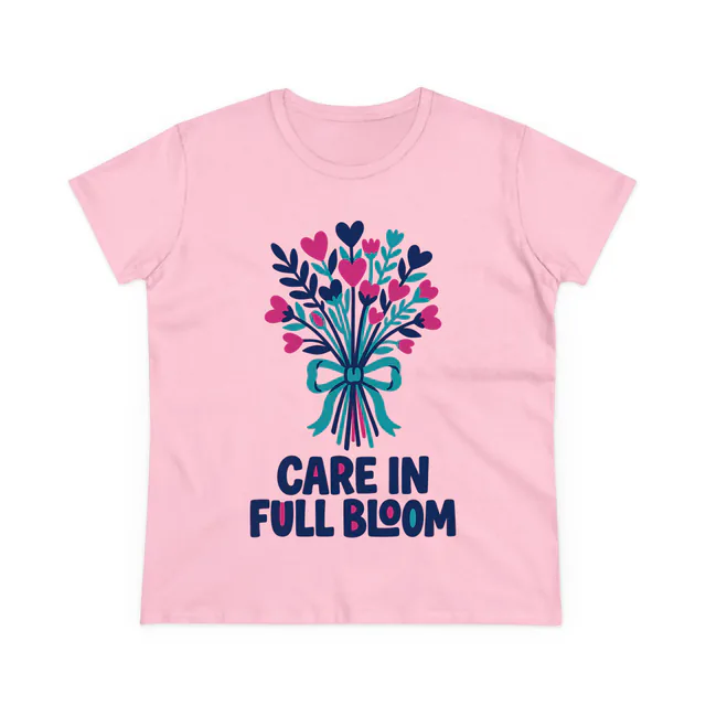 Heart-shaped wildflowers tied with a ribbon, CARE IN FULL BLOOM, on a light pink women's t-shirt