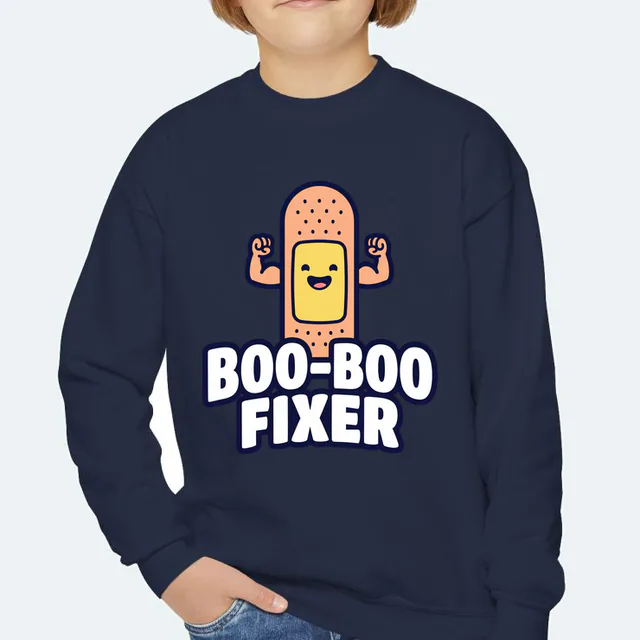A flexing bandage, BOO-BOO FIXER, on a navy youth crewneck