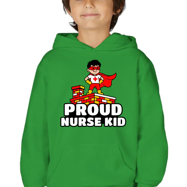 A caped kid in a hero pose, PROUD NURSE KID, on a kelly green youth hoodie