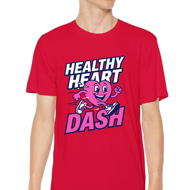 A running cartoon heart, HEALTHY HEART DASH, on a red youth performance tee