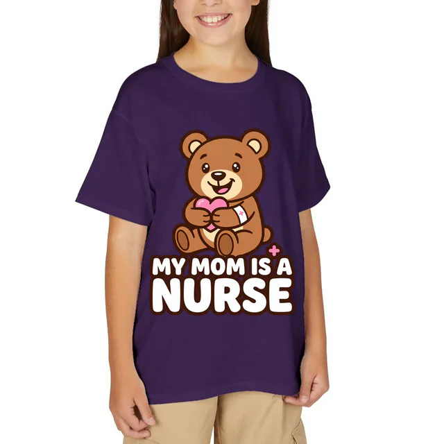A bandaged teddy bear hugging a heart, MY MOM IS A NURSE, on a purple youth t-shirt