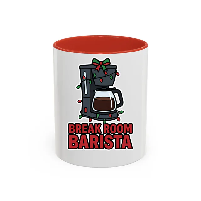 A coffee maker wrapped in lights, BREAK ROOM BARISTA, on a red accent mug