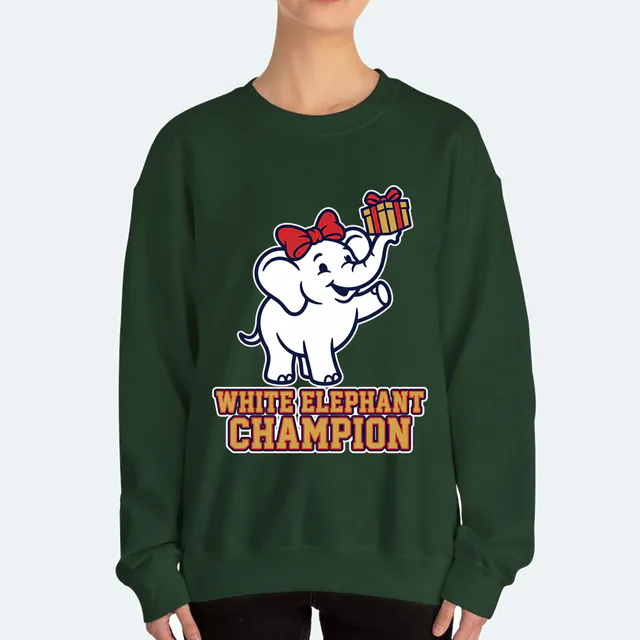 A white elephant holding up a gift, WHITE ELEPHANT CHAMPION, on a forest green adult crewneck
