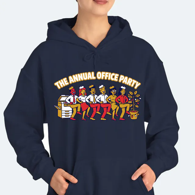 Coworkers in paper crowns in a conga line, THE ANNUAL OFFICE PARTY, on a navy adult hoodie