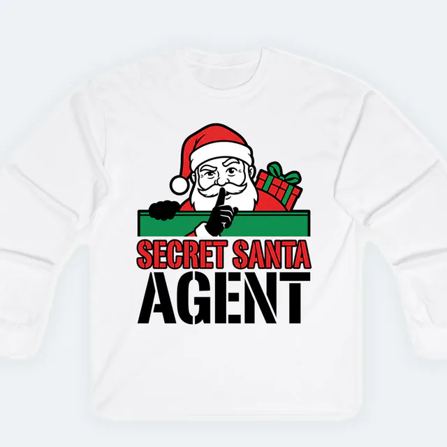 Santa peeking over a cubicle wall, SECRET SANTA AGENT, on a white adult long sleeve