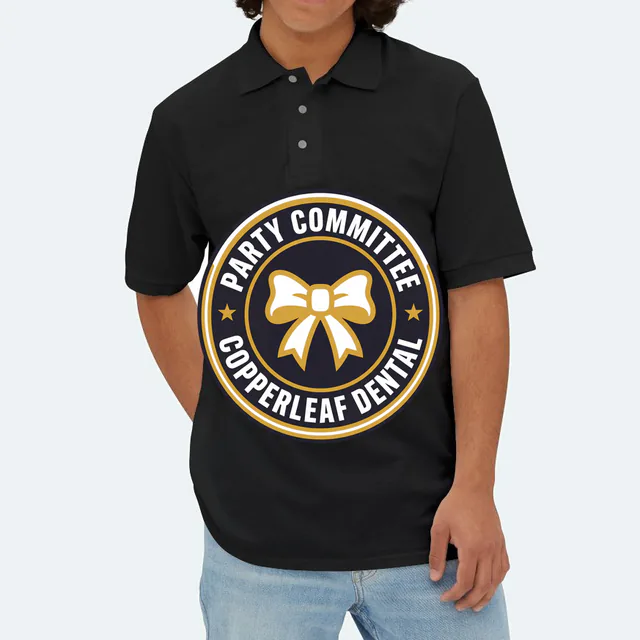 A ribbon bow emblem for the Copperleaf Dental party committee, on a black adult polo