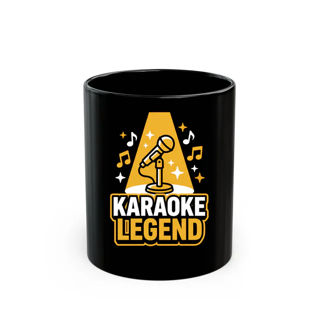 A spotlit microphone with music notes, KARAOKE LEGEND, on a black mug