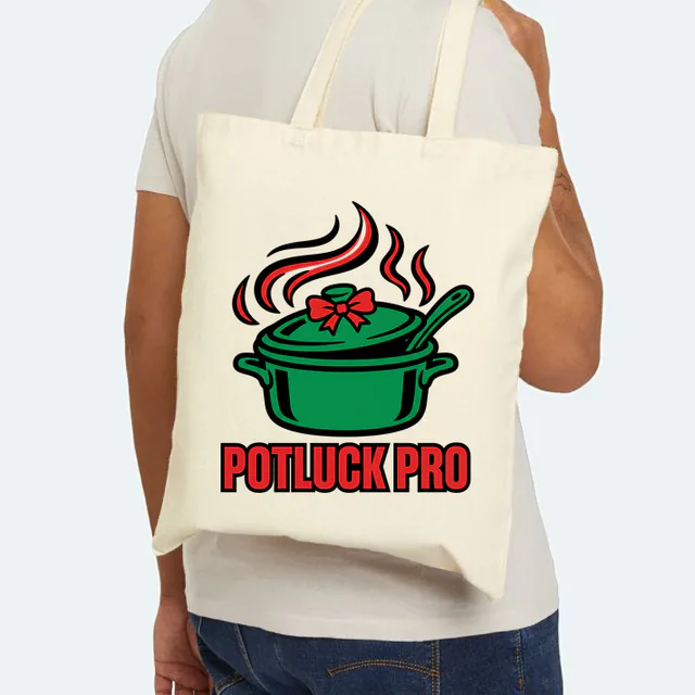 A steaming casserole dish with a bow, POTLUCK PRO, on a natural canvas tote