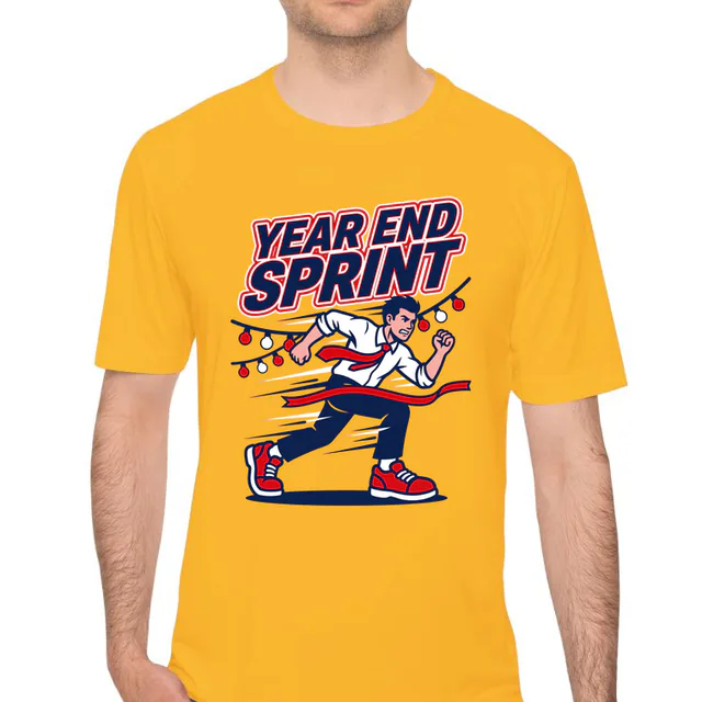 A coworker in a tie sprinting for the finish, YEAR END SPRINT, on a gold performance tee