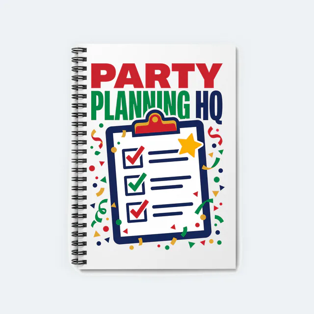 A clipboard checklist with confetti, PARTY PLANNING HQ, on a white spiral notebook