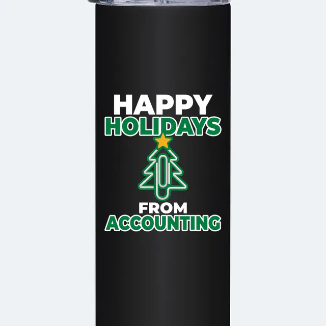 A paper clip bent into a tree, HAPPY HOLIDAYS FROM ACCOUNTING, on a black steel tumbler