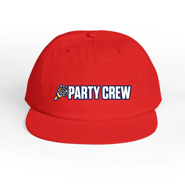A party popper bursting confetti beside PARTY CREW, on a fire surf cap