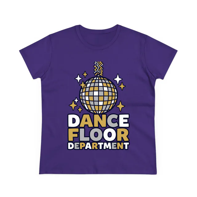 A disco ball on a strand of tinsel, DANCE FLOOR DEPARTMENT, on a purple women's t-shirt