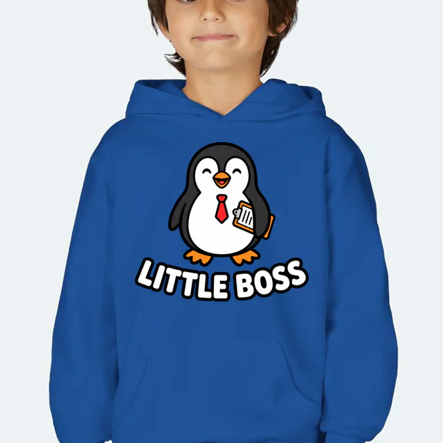 A penguin in a necktie with a clipboard, LITTLE BOSS, on a royal youth hoodie