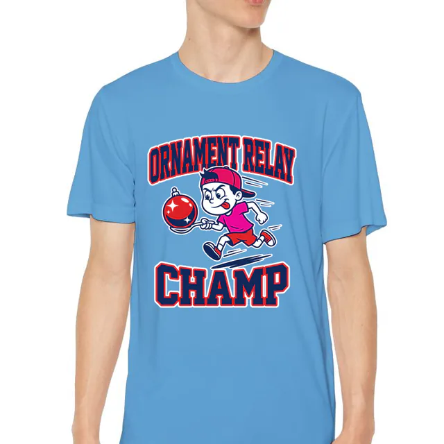 A kid balancing an ornament on a spoon, ORNAMENT RELAY CHAMP, on a carolina blue youth performance tee