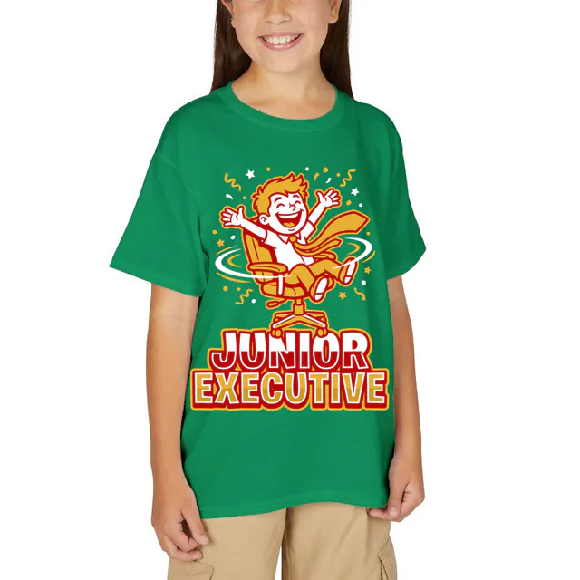 A kid in a big tie spinning in an office chair, JUNIOR EXECUTIVE, on a kelly green youth t-shirt